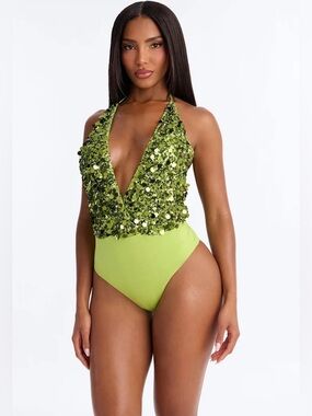 Fashion Nova Lime acid Green Sequin Tank Bodysuit Soze Medium NWT
